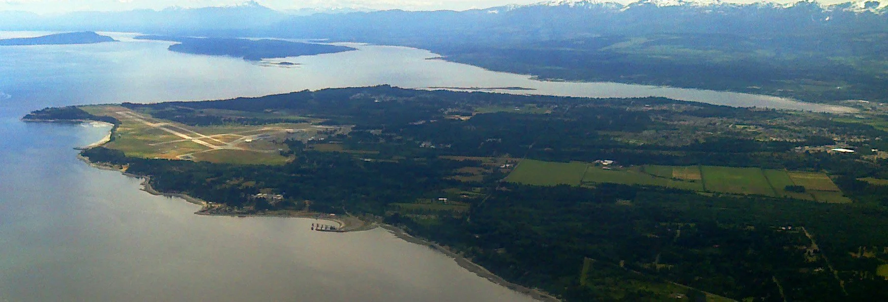 Aerial view of the town of Comox, British Columbia, and its peninsula.