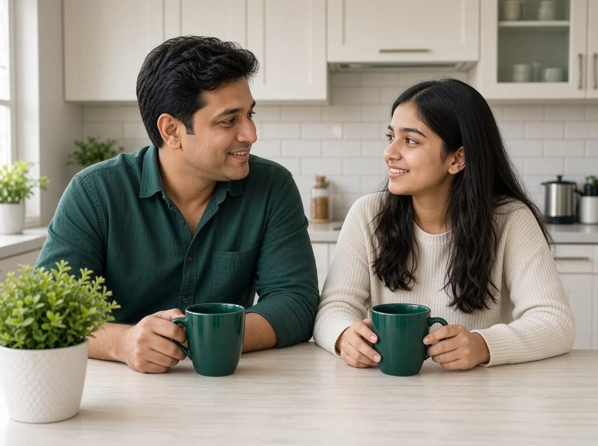 Father and teenage daughter talking at a kitchen table
