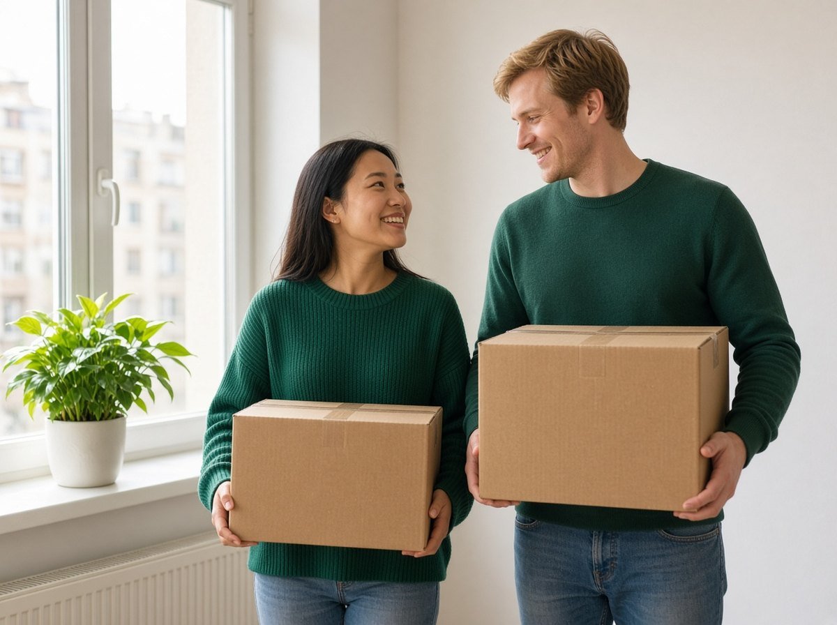 Couple smiling as they carry boxes into a new apartment