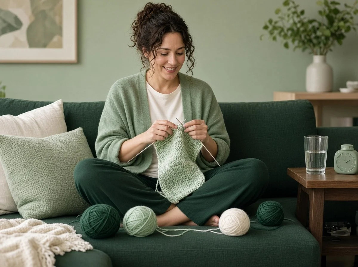 Smiling woman absorbed in a knitting project on a sofa, with a timer and glass of water beside her.
