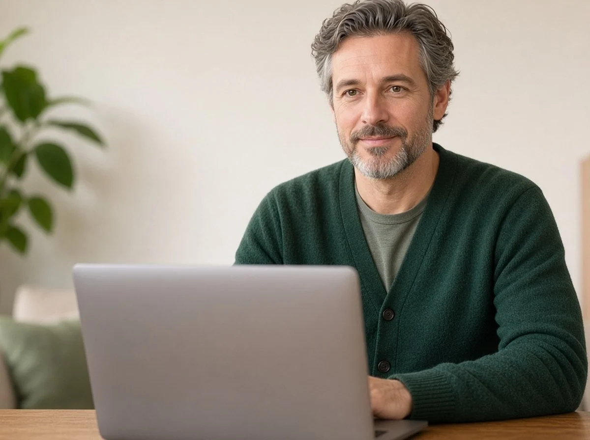 Man in his fifties in an online therapy session at home