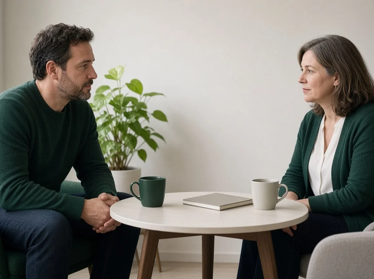 A man and a counsellor talking across a table with mugs and a notebook, both faces visible