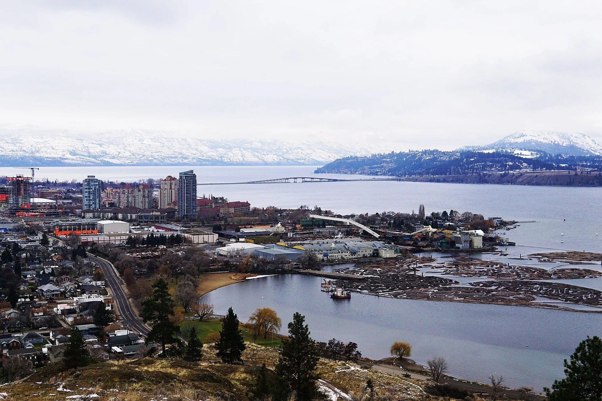 Kelowna and Okanagan Lake seen from Knox Mountain in December.