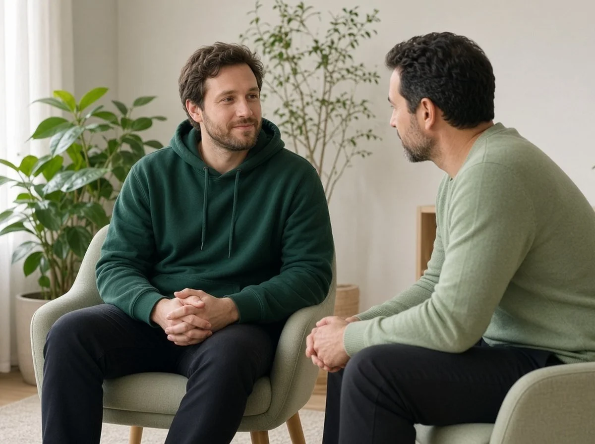 A man in a green hoodie talking with a male therapist in a bright room