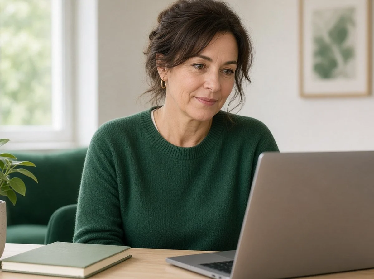 A person in their forties engaged in an online therapy session at a home desk