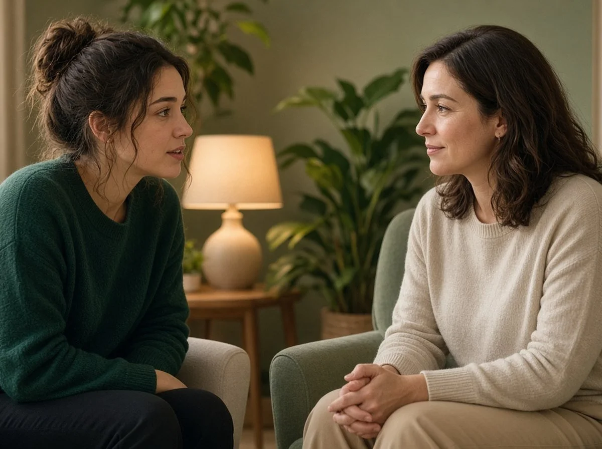 Woman and a therapist talking in a warm, softly lit room
