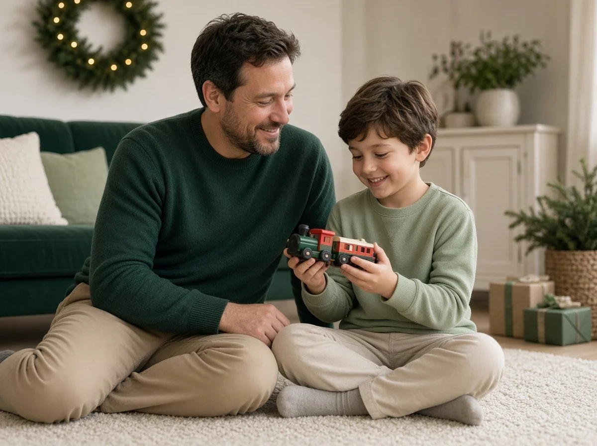 Father and young son smiling on a rug as the boy holds a toy train.