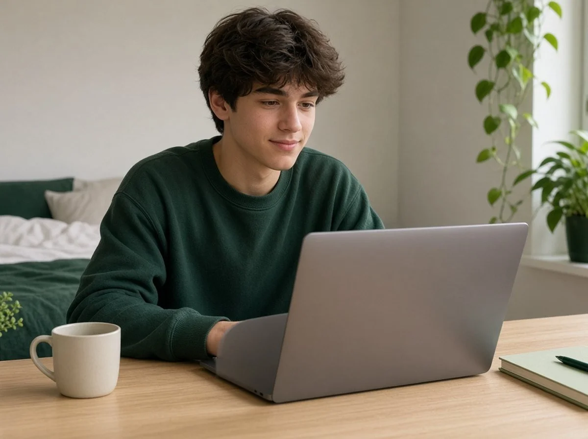 A teen in an online therapy session at home