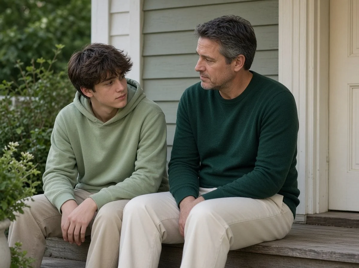 Father listening to his teenage son on a front porch step