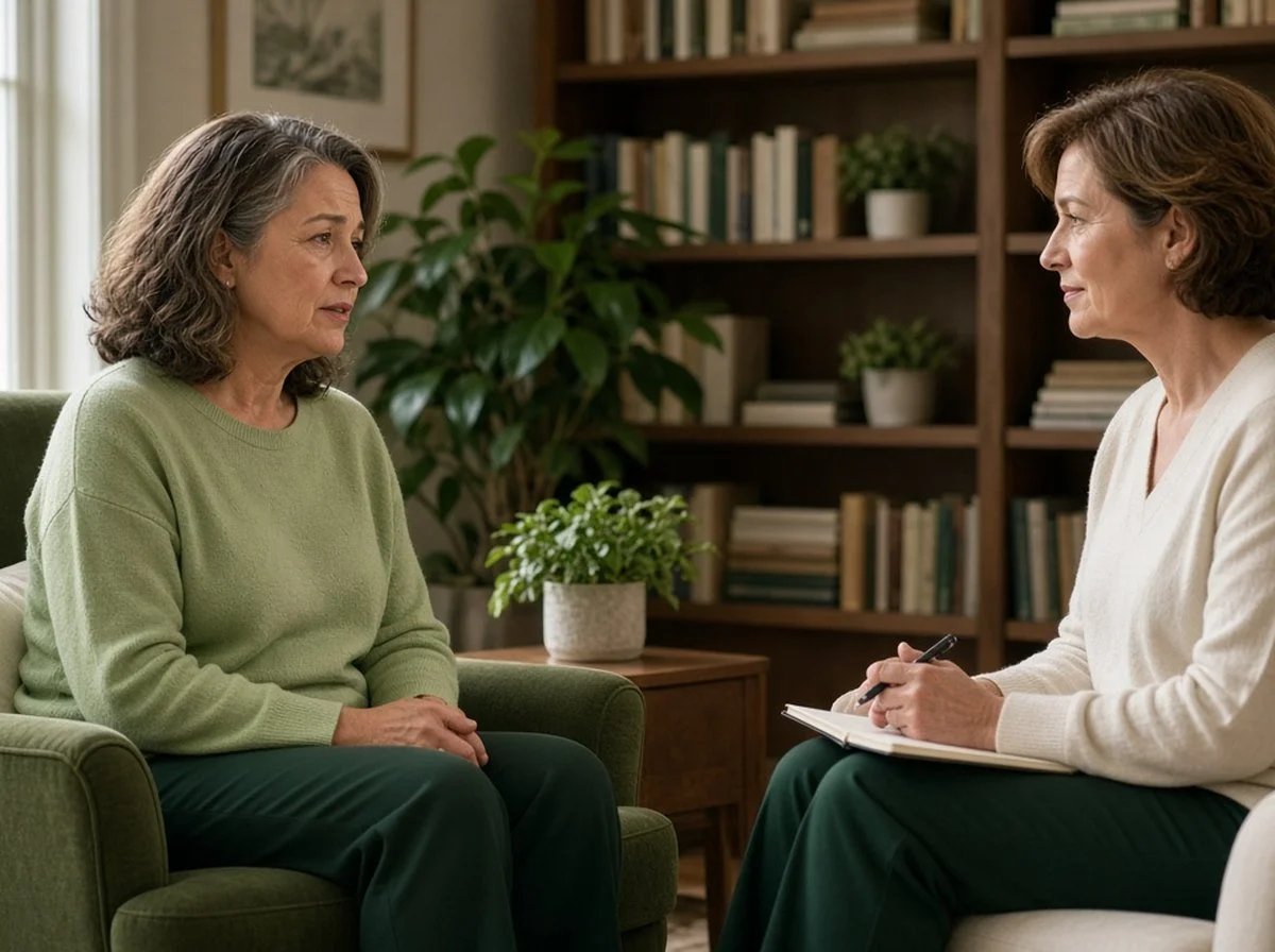 A woman talking with a therapist in a warm, book-lined counselling room
