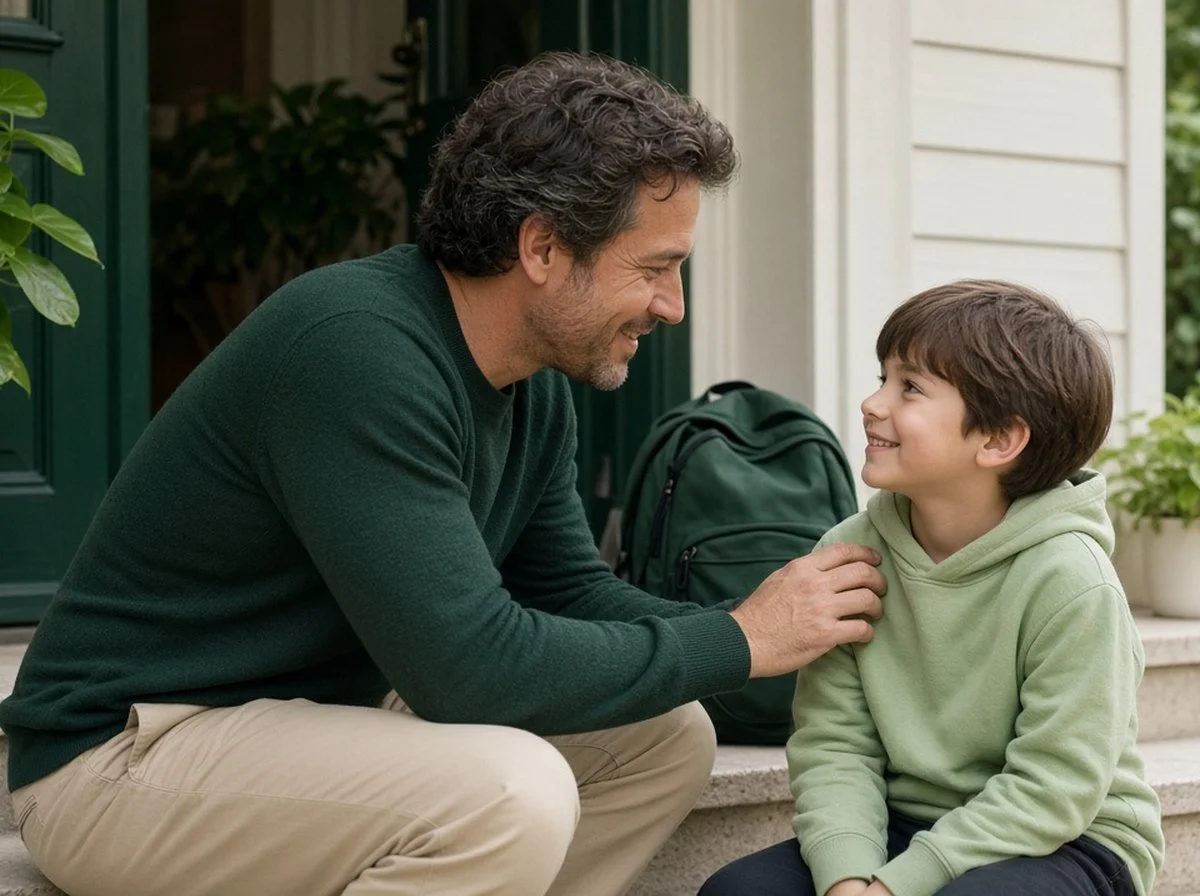Father crouching on the front steps smiling and reassuring his young son before school