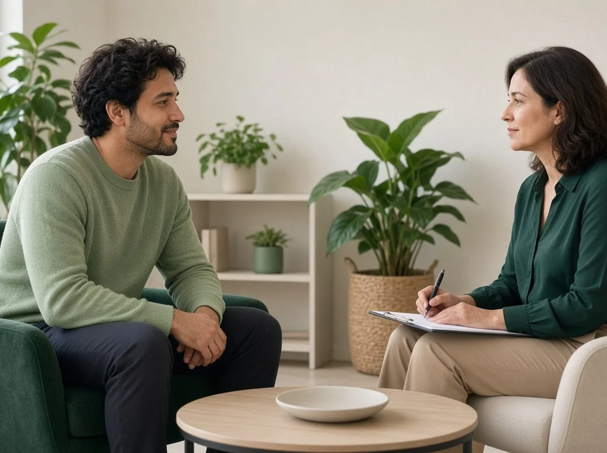 An adult talking with a psychologist in a bright office