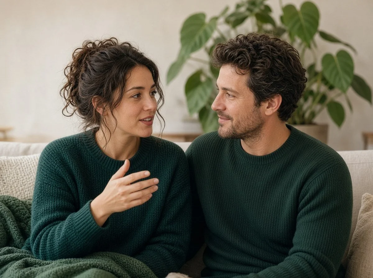 Couple talking closely on a couch, one listening warmly