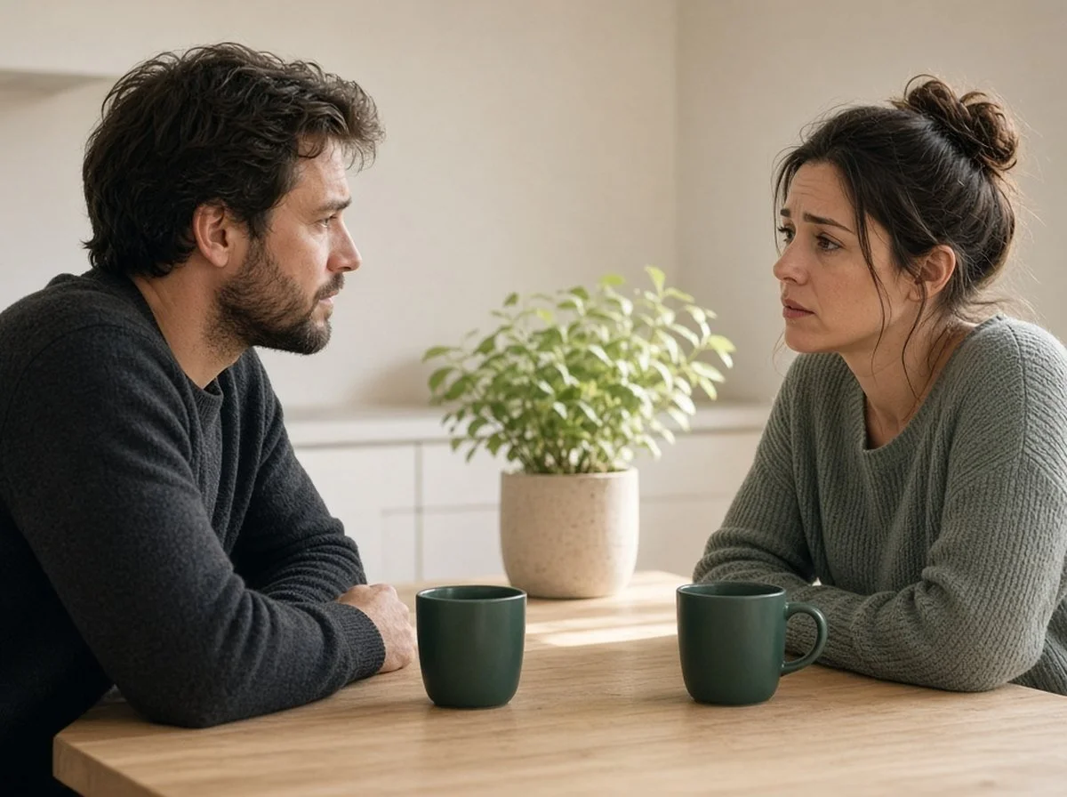 Couple talking seriously at a kitchen table