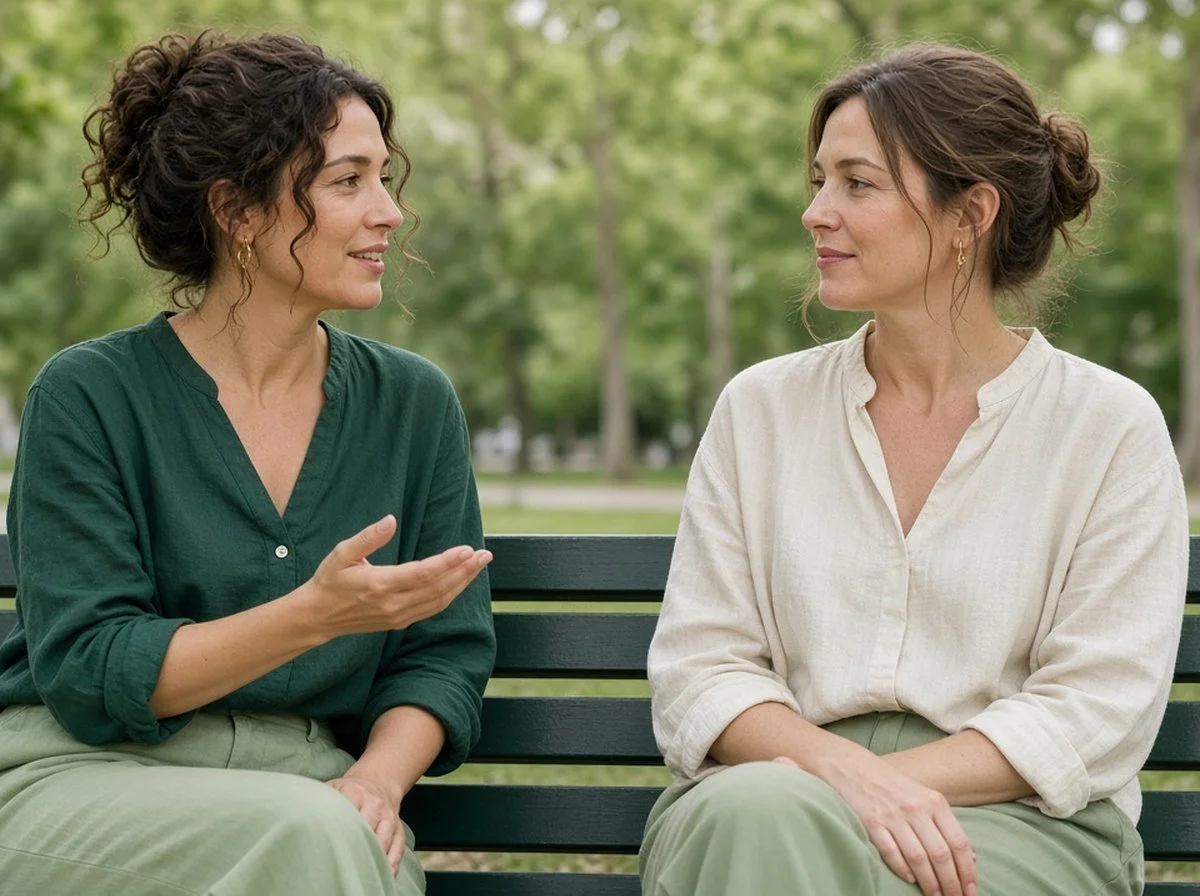 A friend gently talking with another friend on a park bench