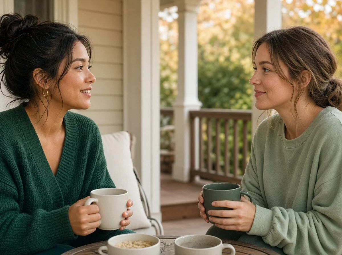 Two friends sharing coffee and talking on a porch