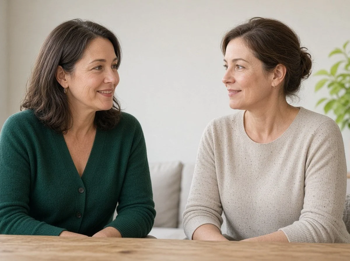 Two women sitting face to face at a table talking, both faces visible
