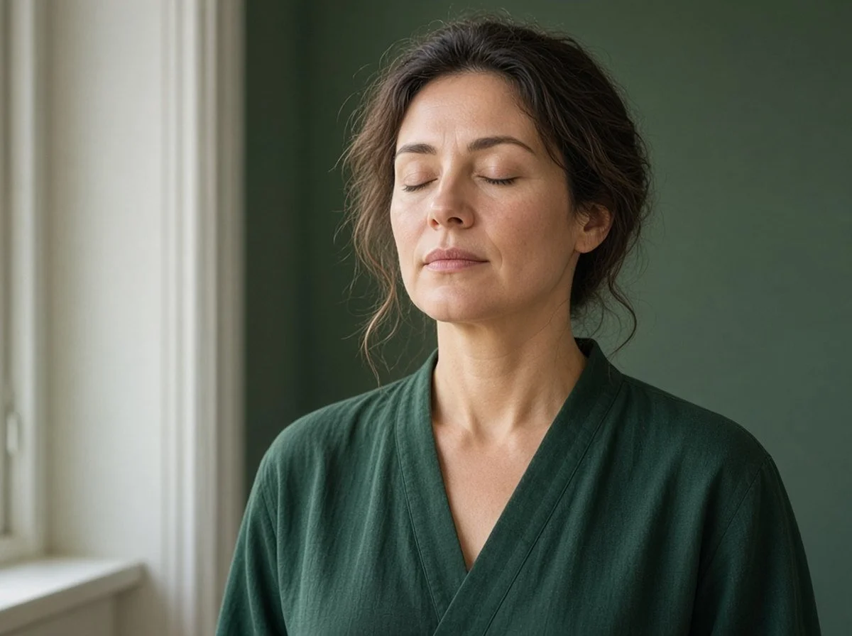 Woman by a window with her eyes closed, breathing slowly