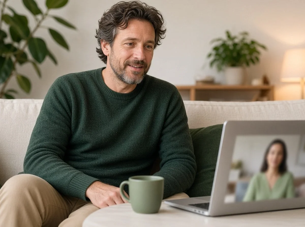 A man at home talking with his therapist during an online counselling session