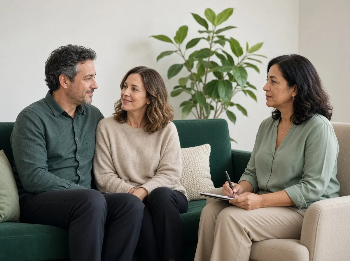 Couple in a counselling session looking at each other warmly