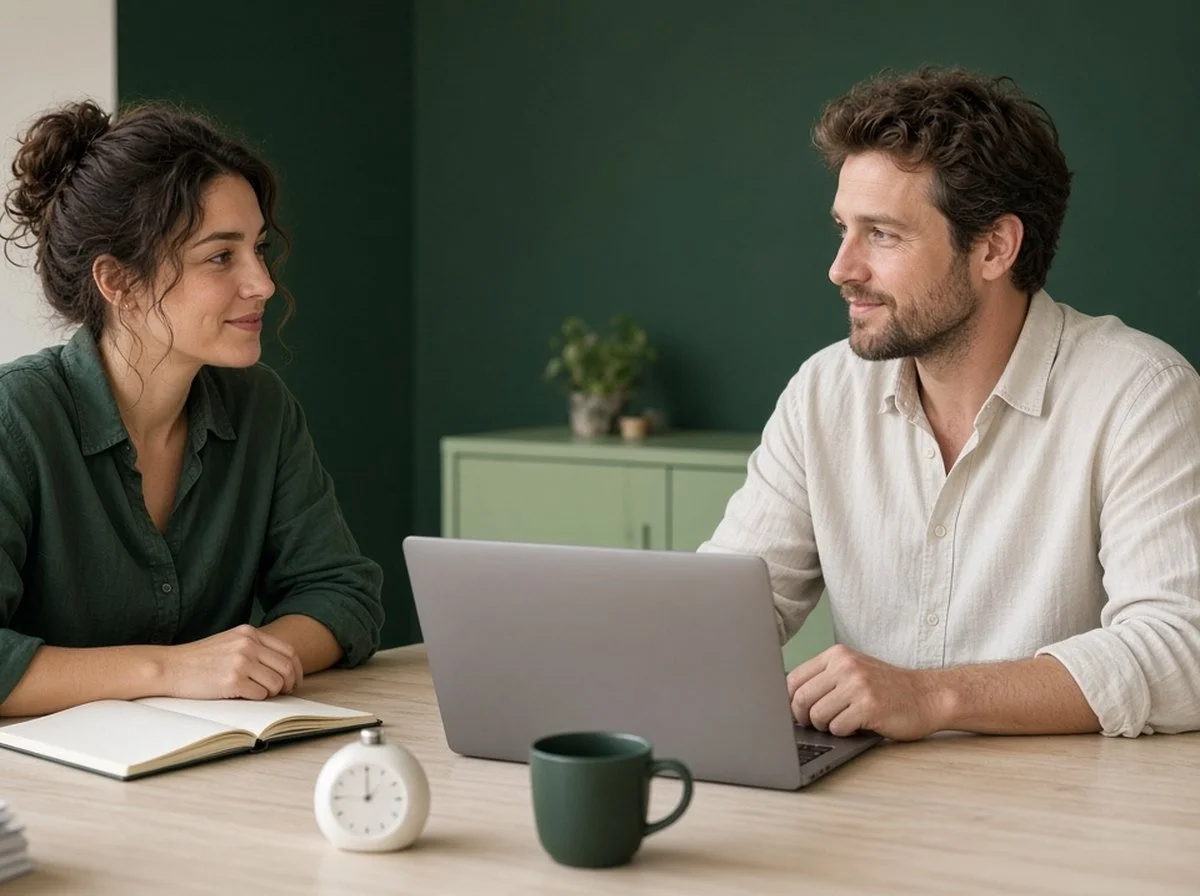 Two adults working together at a desk with a laptop and a timer
