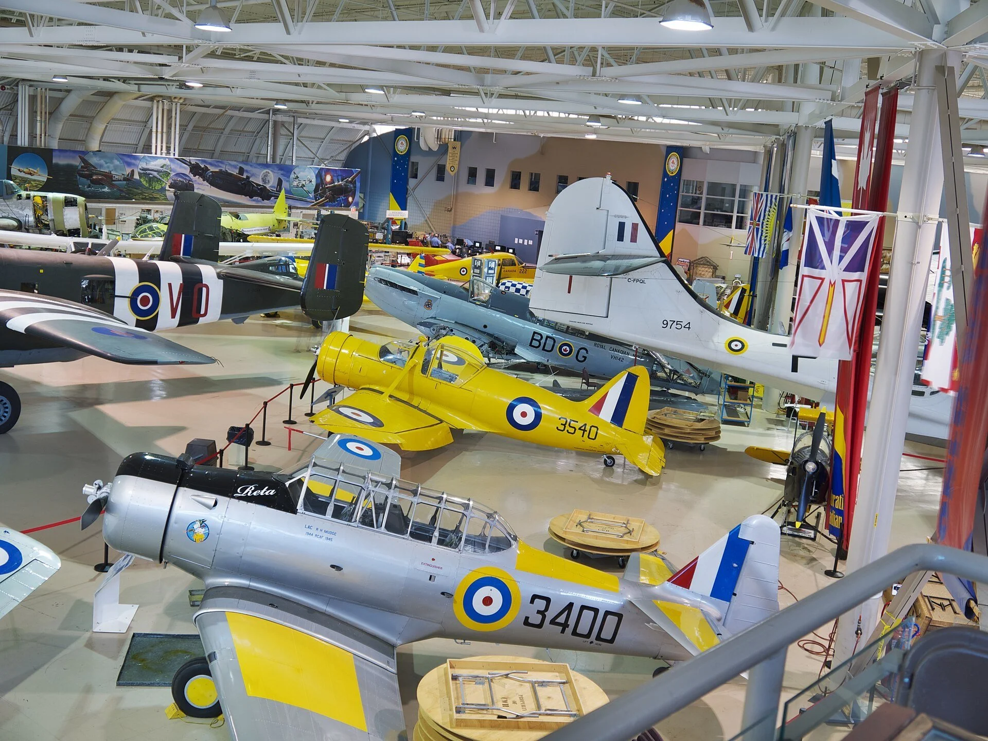 Restored aircraft in the main hangar of the Canadian Warplane Heritage Museum in Mount Hope.