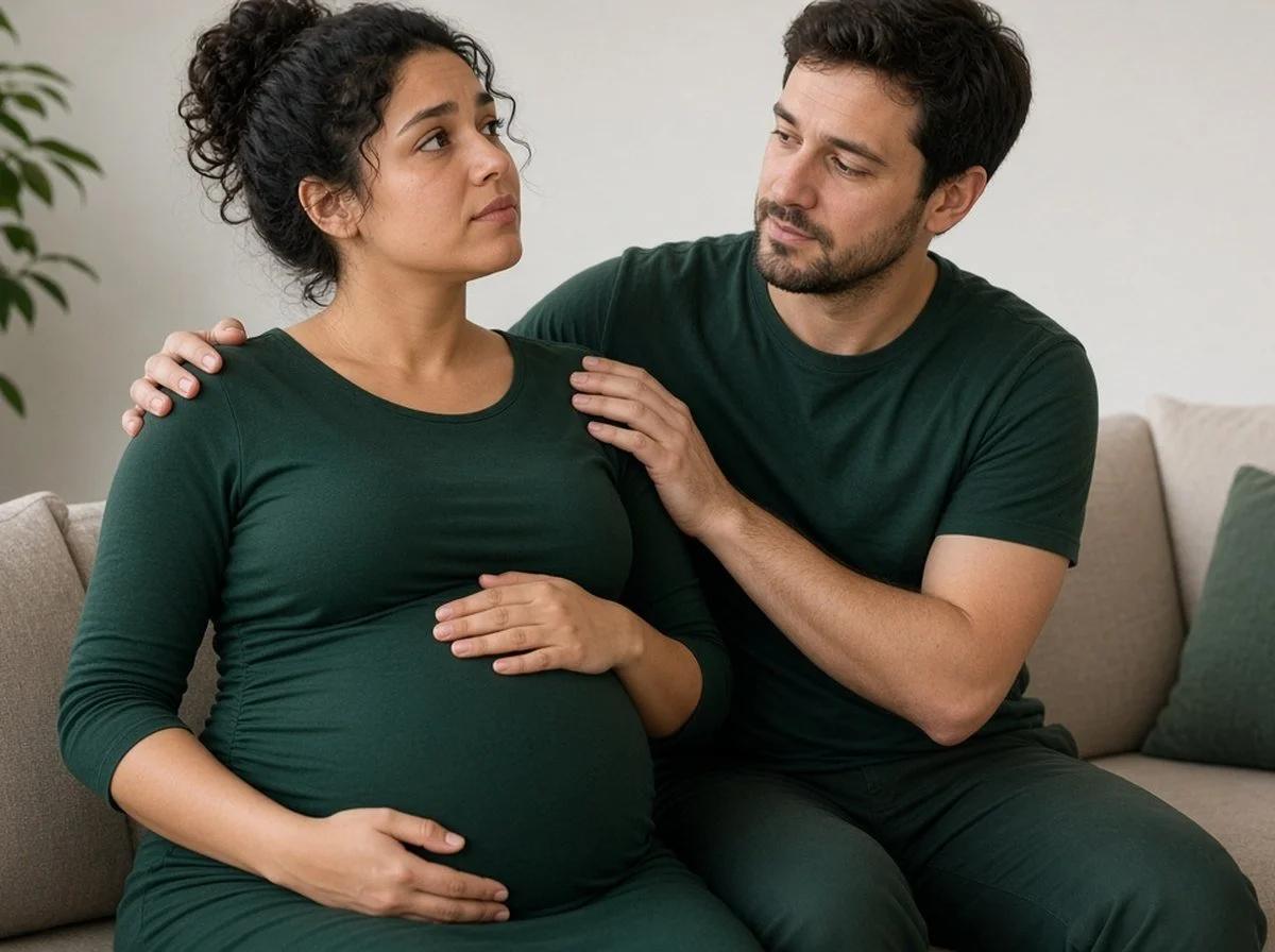 Pregnant woman with her partner's hands on her shoulders