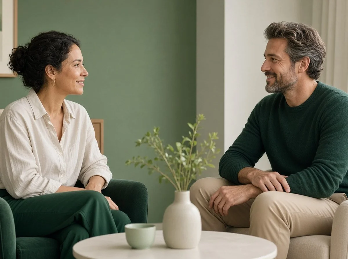 Two adults having a calm conversation in a softly lit room