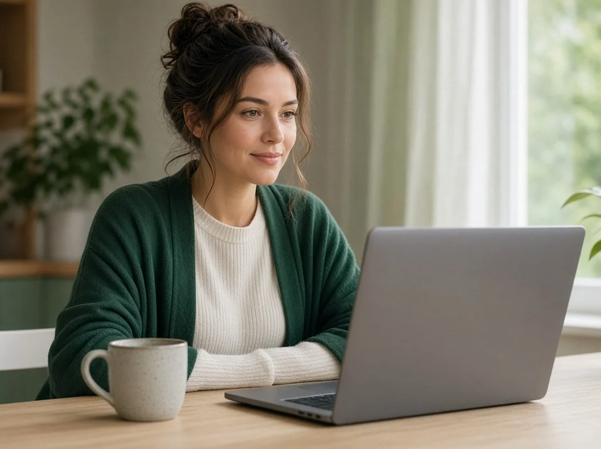 A younger adult at a kitchen table in an online grief counselling session