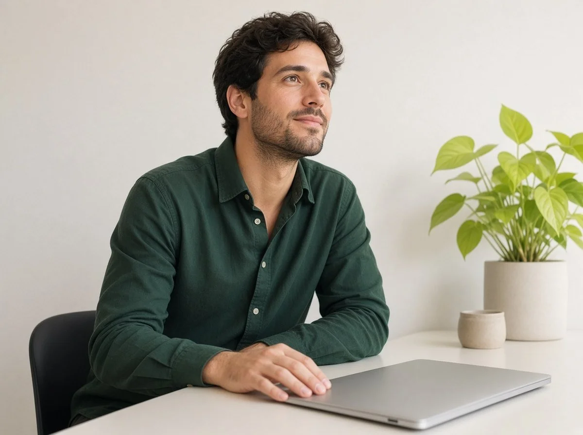 Man pausing thoughtfully at his desk before taking a next step