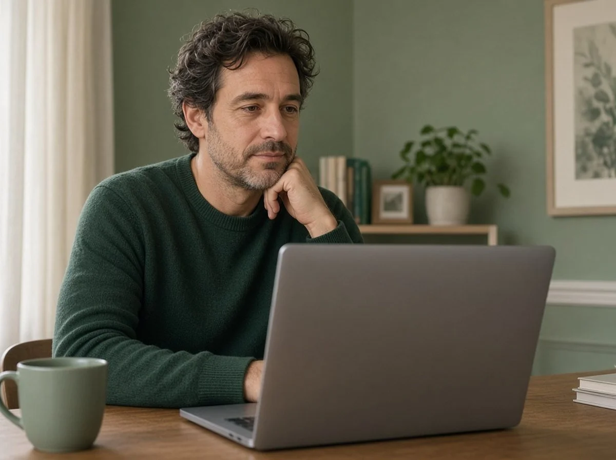 Man in an online session at a dining table