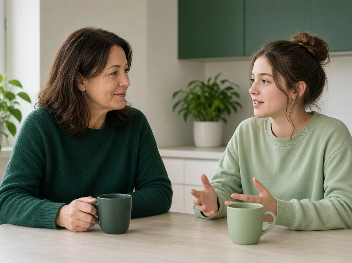 Mother and teenage daughter talking at the kitchen table