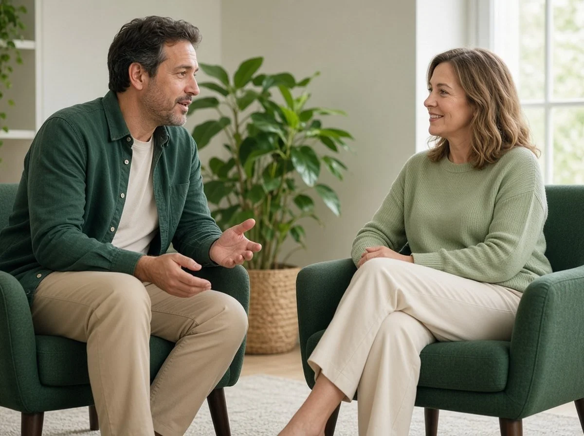 A man talking with a counsellor in a bright office
