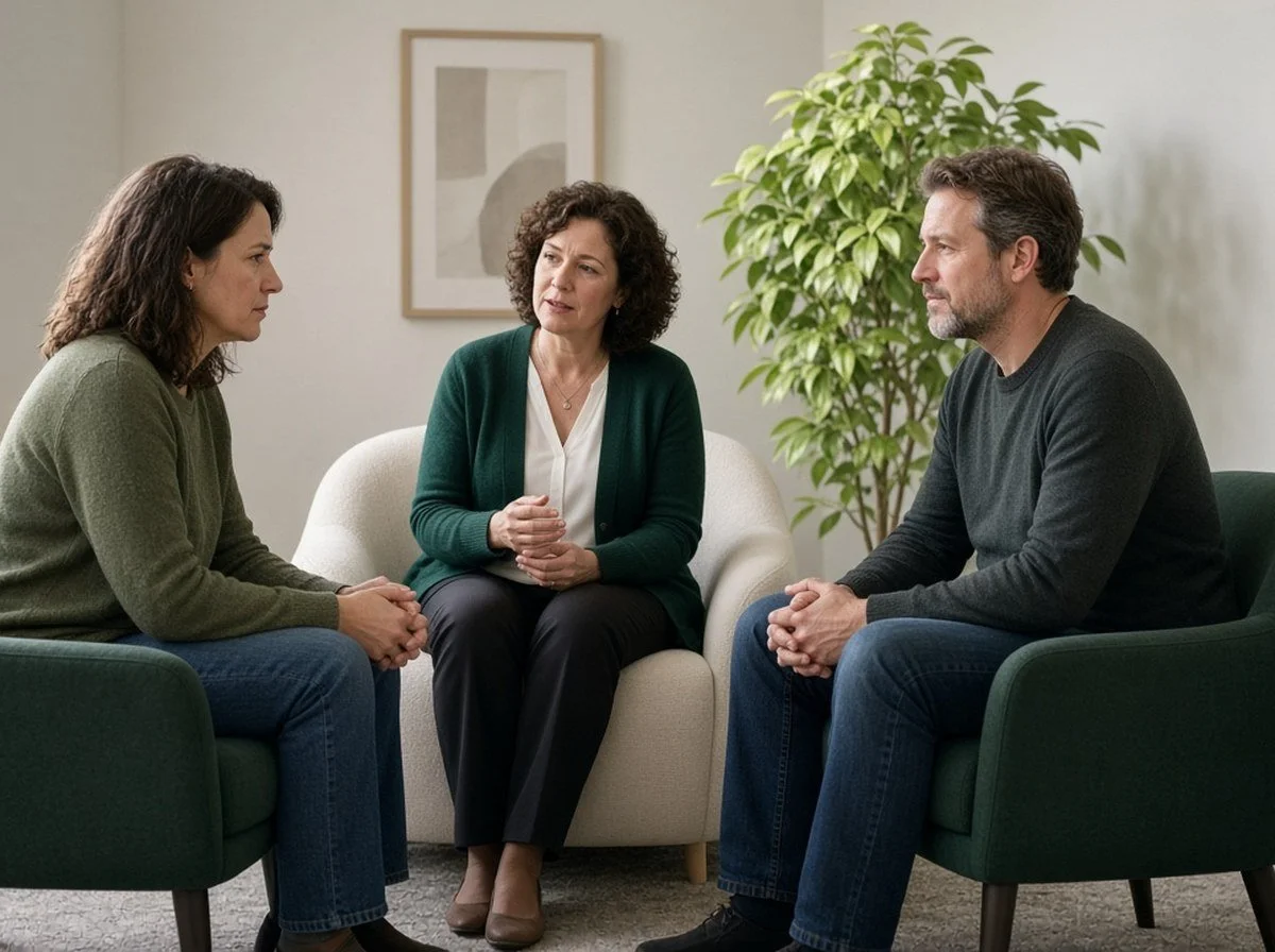 A couple and a counsellor talking together, faces visible