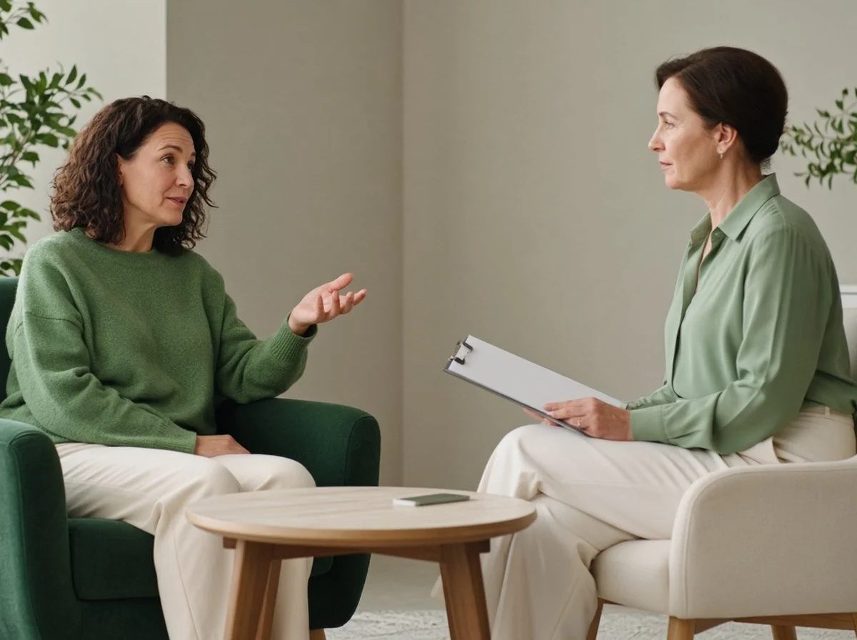 Adult client in a green armchair talking with a psychologist holding a clipboard