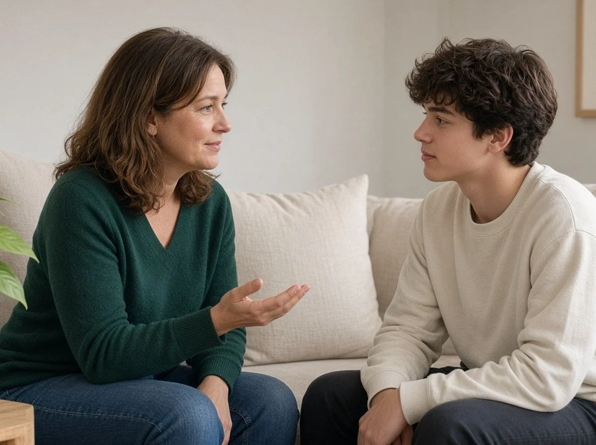 a parent and teen sitting face to face talking gently, both faces visible