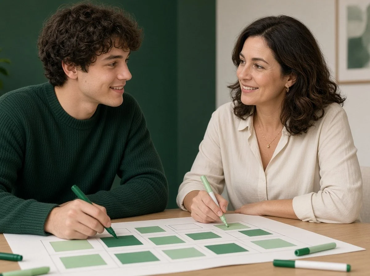 An adult and therapist mapping a weekly plan on paper