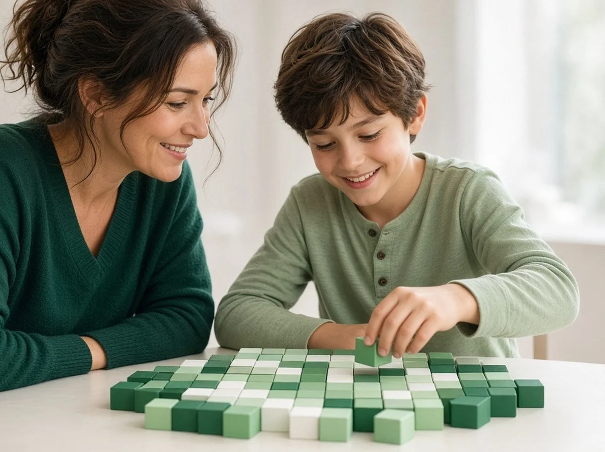 A child and an assessor working on a puzzle together