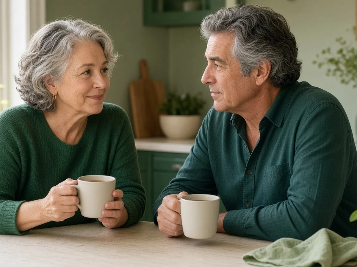 A retired couple talking at their kitchen table