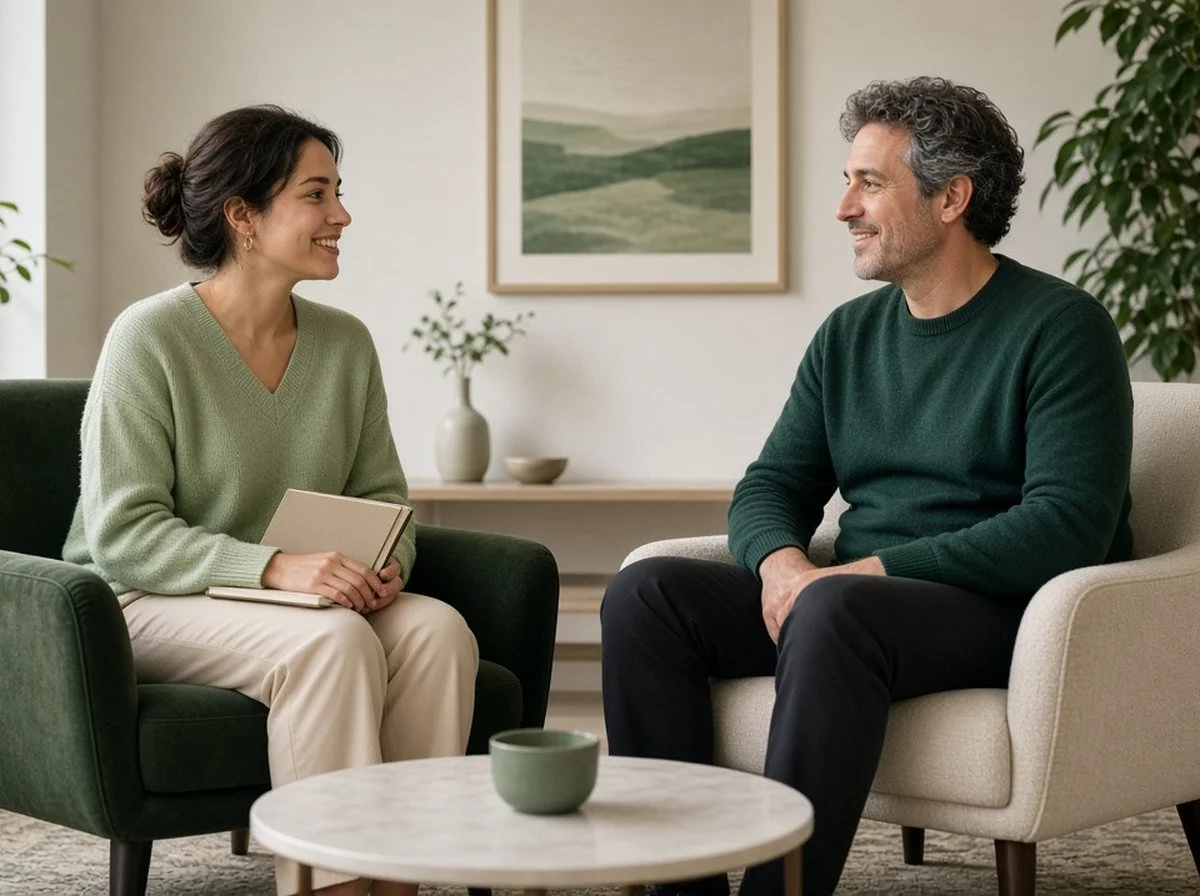 A woman talking with a counsellor in a cozy office