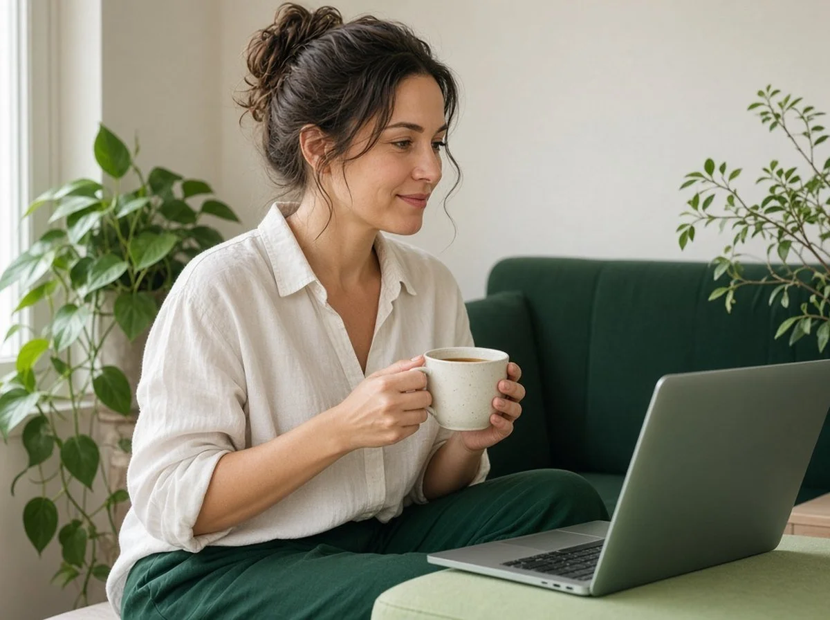 A woman at home by a window during a gentle online counselling session