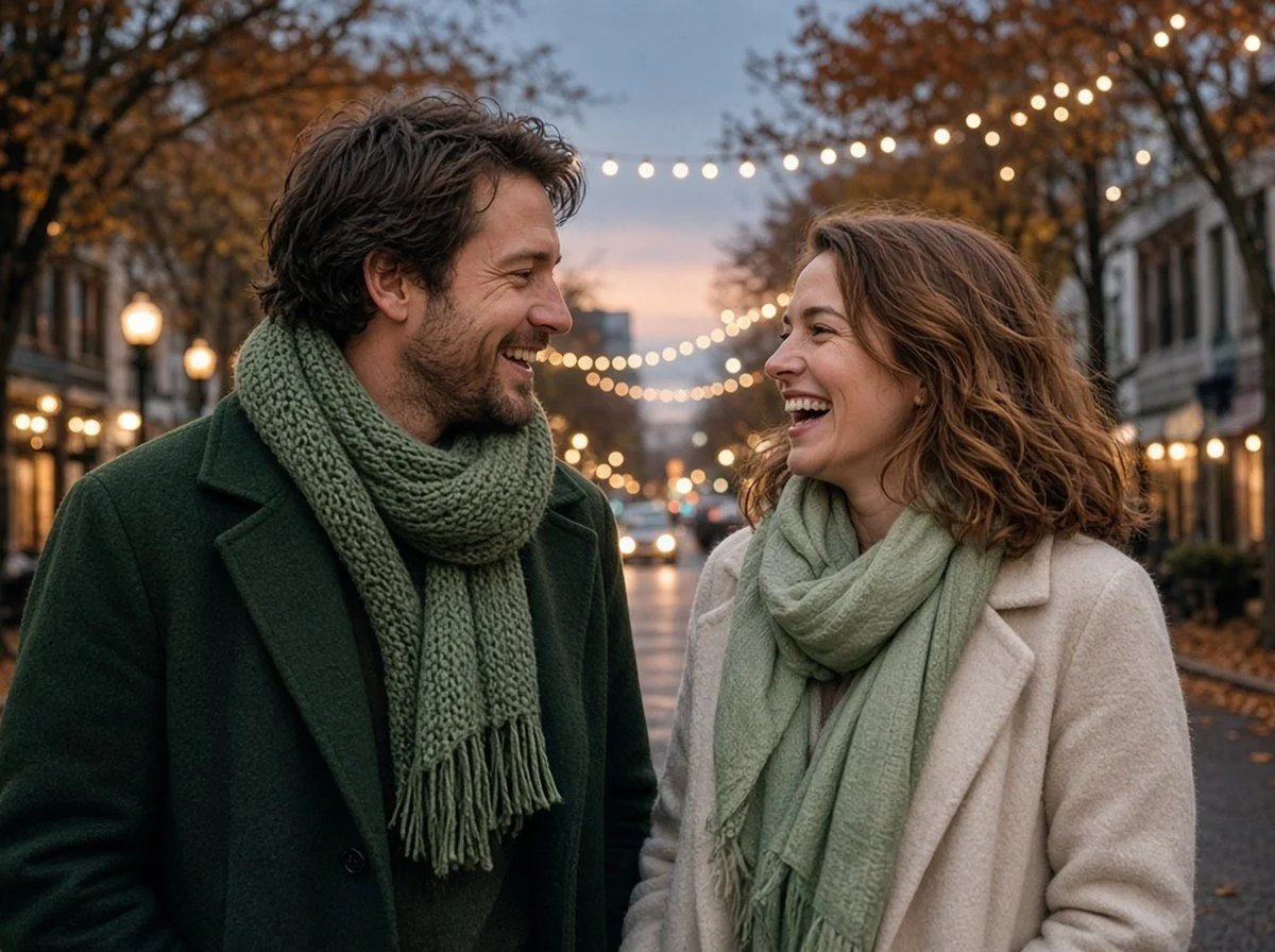 Couple talking and laughing on a lit downtown street in autumn