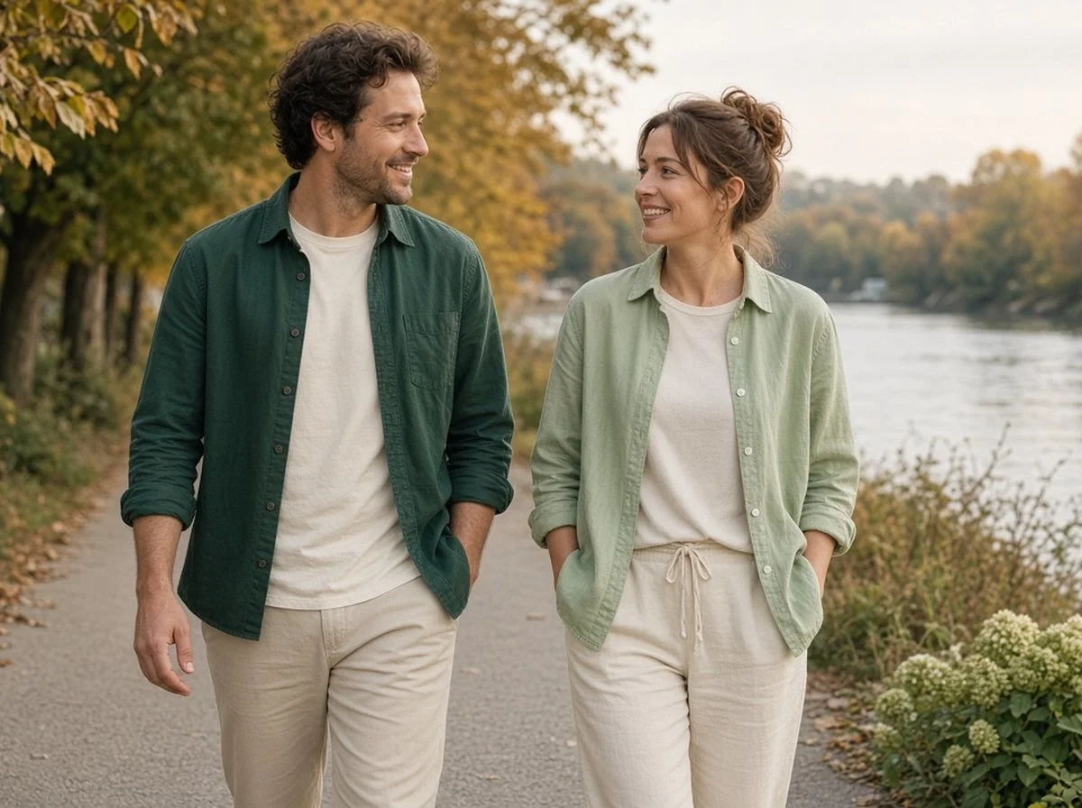 A relaxed couple walking and talking on a riverside path