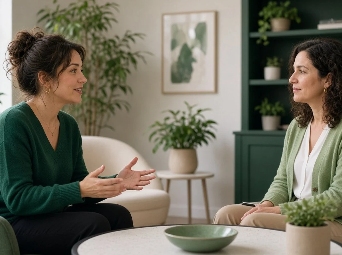A woman talking openly with her therapist in a calm counselling room