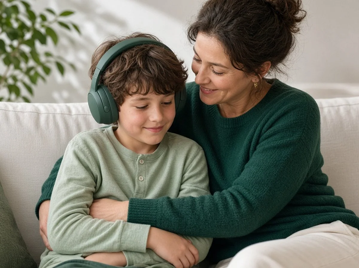 Parent and child relaxing together at home, child wearing headphones