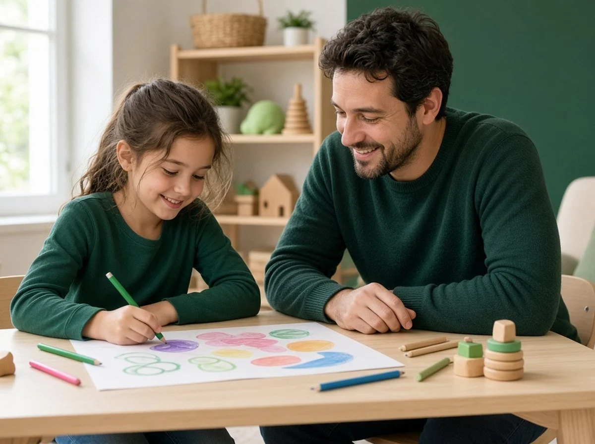 A child drawing with a counsellor in a bright office