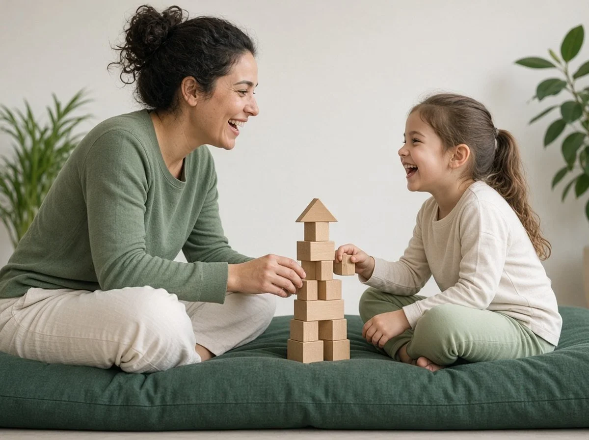 Mother and young daughter laughing as they build a wooden block tower on a green floor cushion