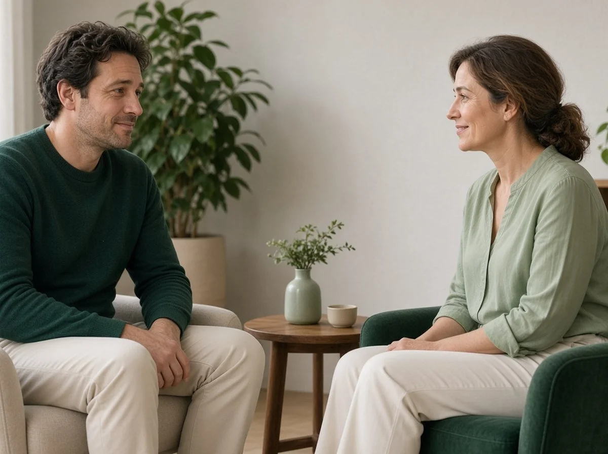 An adult talking with a therapist in a calm room after an assessment