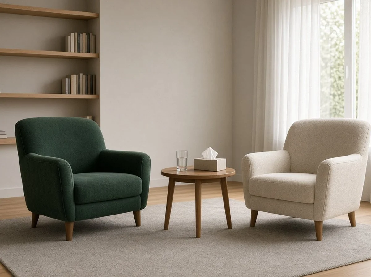 a warm, calm counselling room with two armchairs and soft natural light