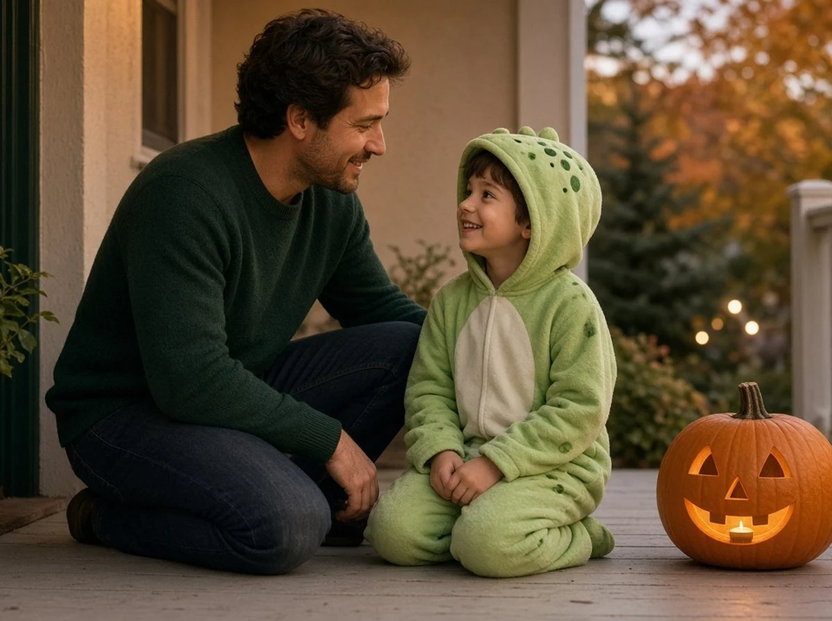 A parent talking with a smiling child in a simple costume on a porch